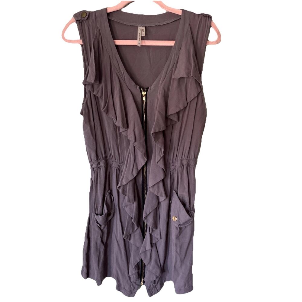Hello Miss Taupe Ruffle-Front Zip Utility Tunic Mini Dress Grey Ruffle Sz L
